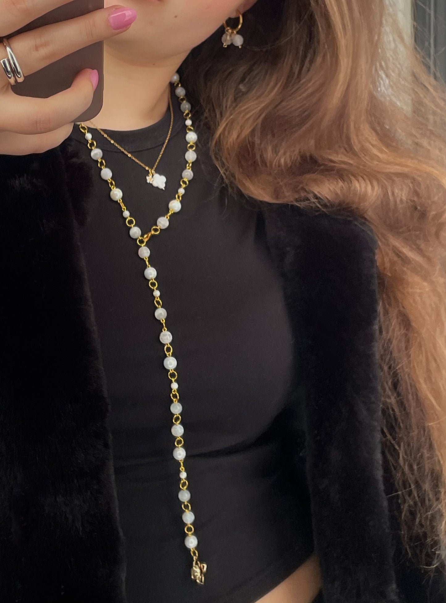 Celestia necklace - Long Natural Stone necklace, layering Y-necklace, handmade in Finland