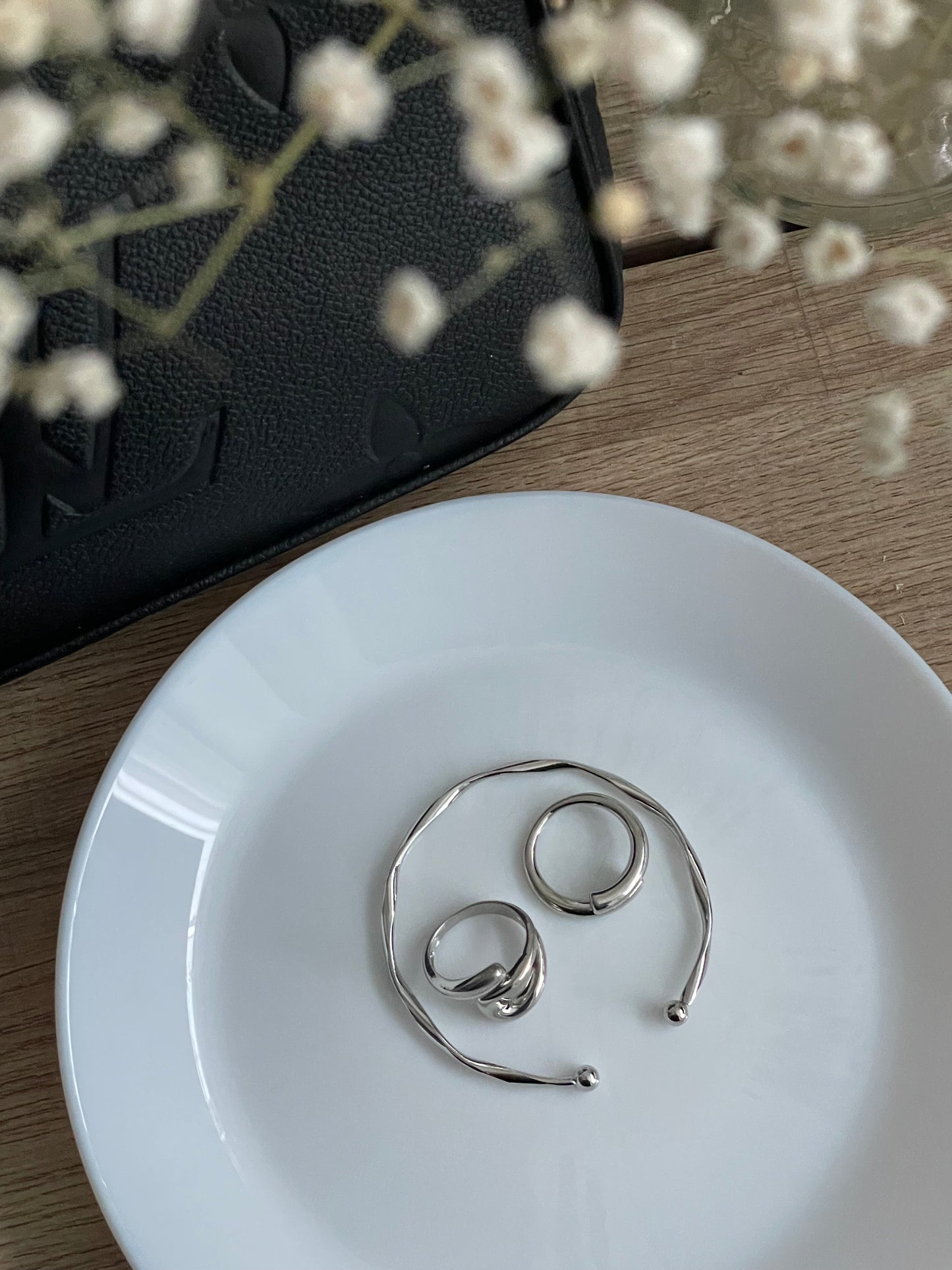 Adjustable Silver jewelry set, Irregular unique design Y2K stacking rings, geometric accessories, liquid metal jewelry bracelet