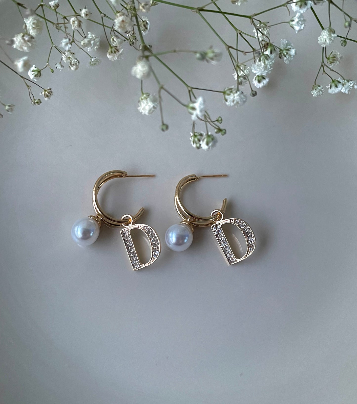 Gold pearl hoops, Designer D earrings, Letter D studs with pearls, 18K Gold plated Hoops