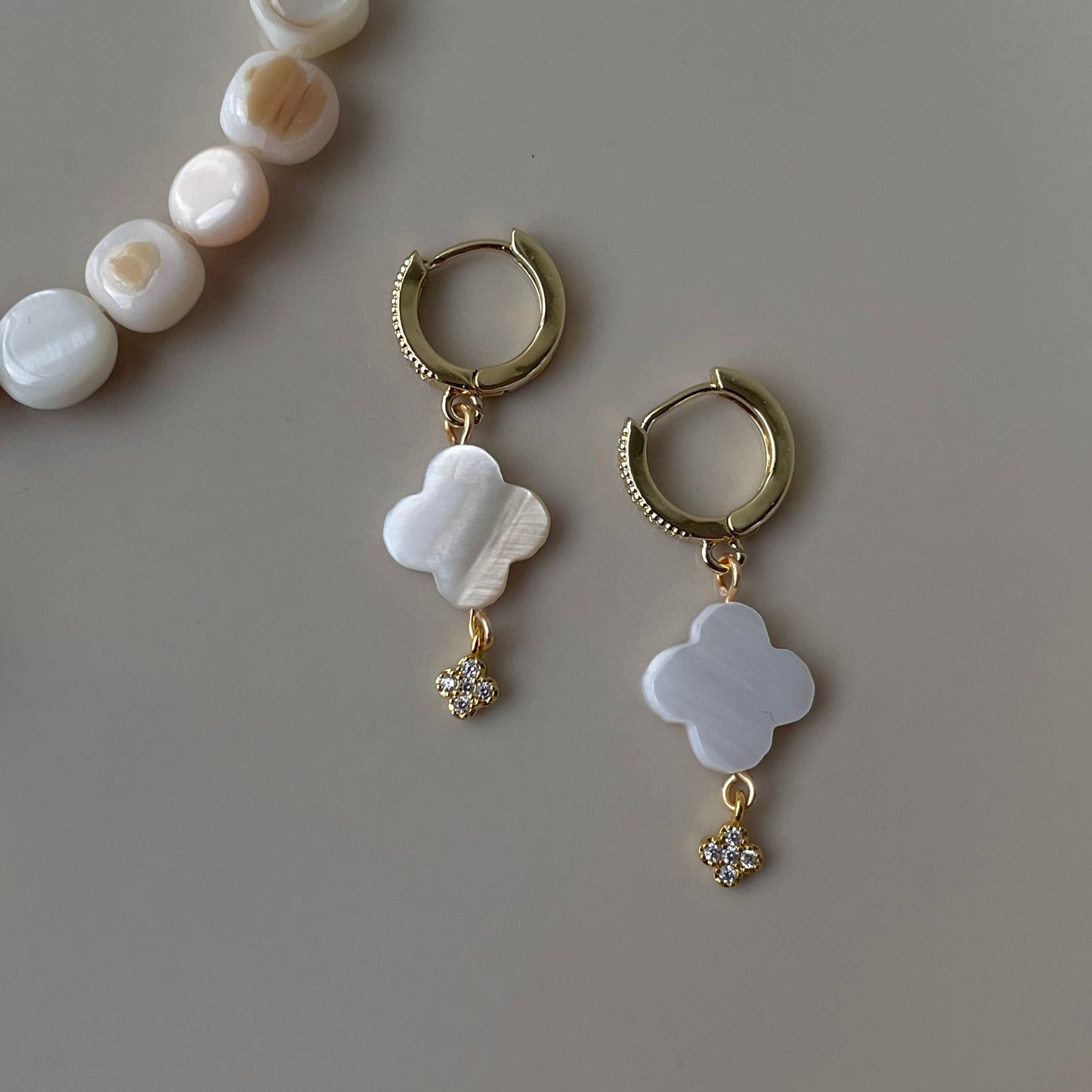 Pearl Clover Dangle Drop hoop huggies, Natural Mother-of-pearl stone, handmade in Finland