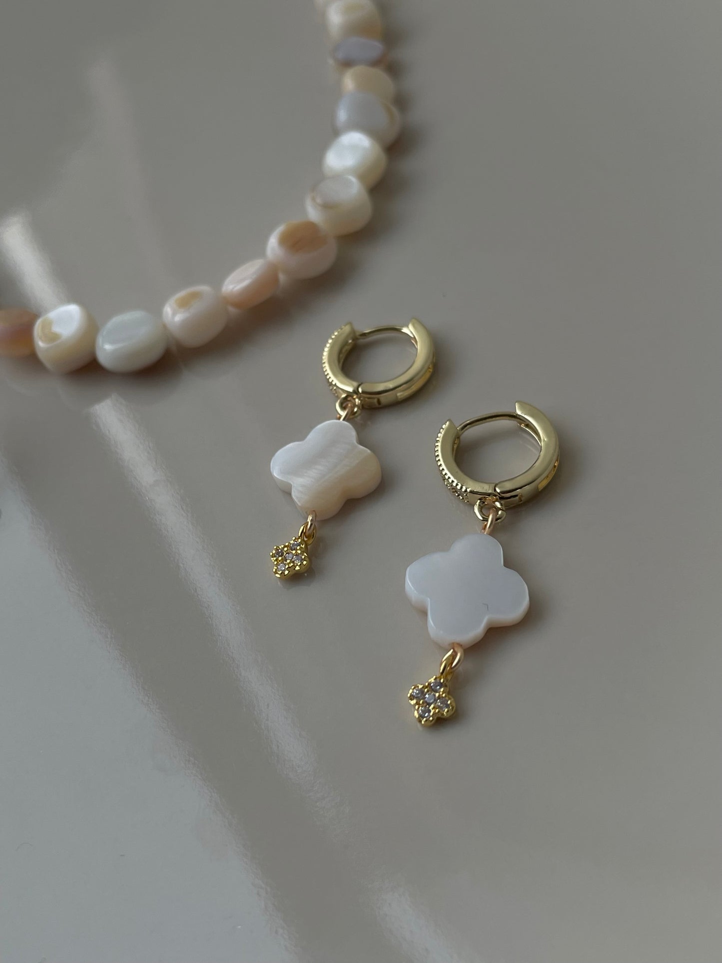 Pearl Clover Dangle Drop hoop huggies, Natural Mother-of-pearl stone, handmade in Finland
