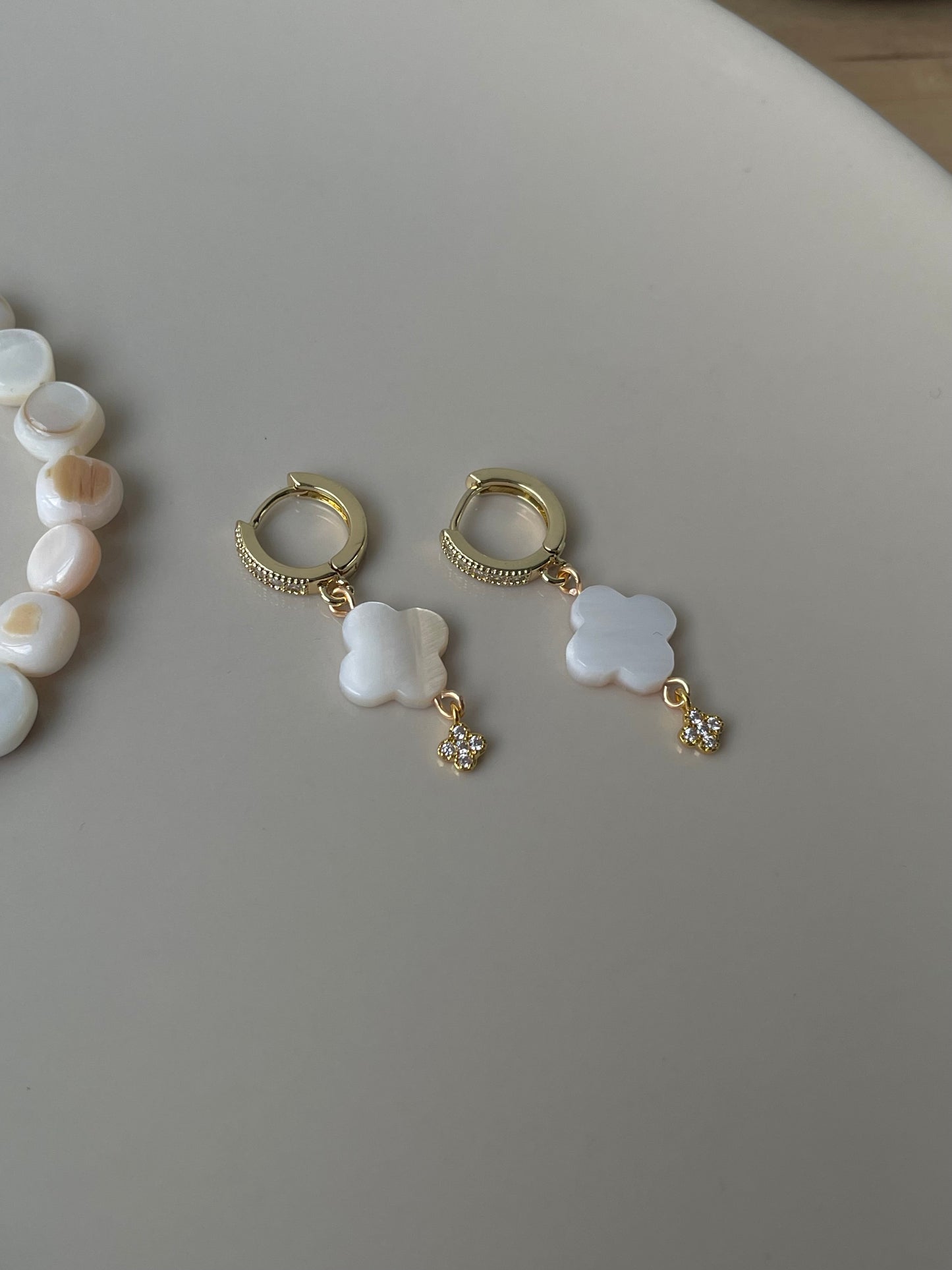 Pearl Clover Dangle Drop hoop huggies, Natural Mother-of-pearl stone, handmade in Finland