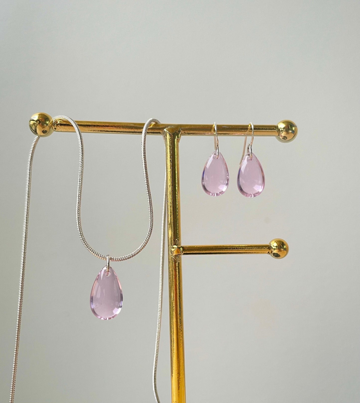 Light Pink Glass Teardrop Jewelry Set, Glass earrings and Necklace, transparent jewelry, glass beaded set, Mother's Day Gifts, waterdrop, drop earrings, Bridal Jewelry set, Crystal Jewelry set