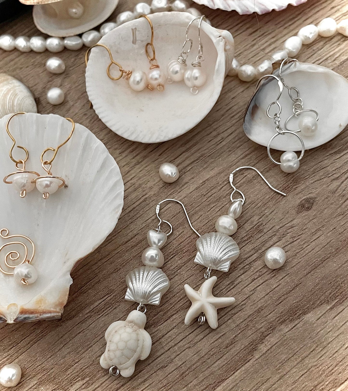 Seashell Starfish Pearl beach earrings, pearly white dangle drop mermaid jewelry, ocean and sea aesthetic shell earrings, sea turtle charms, gold and silver