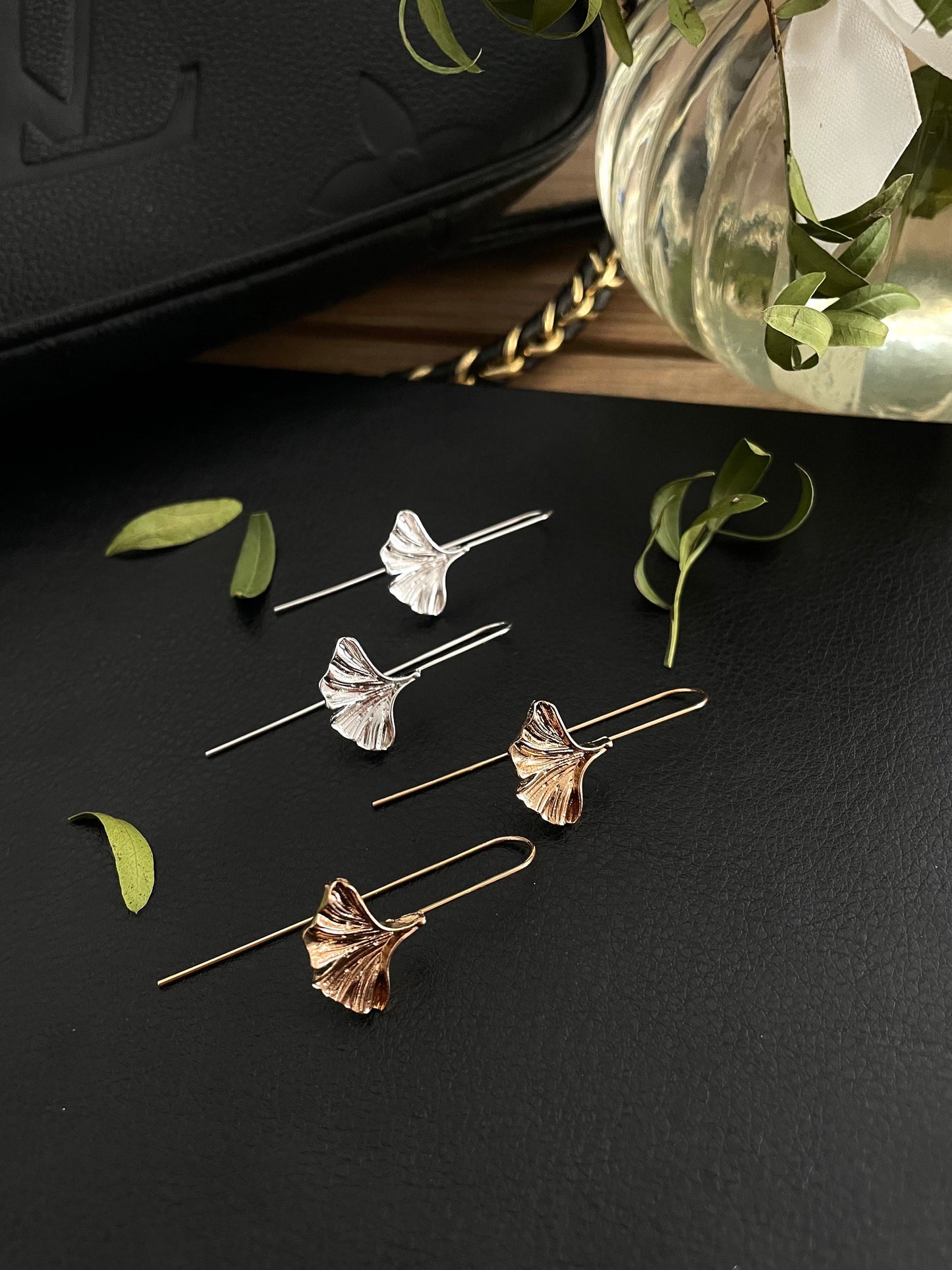 Silver Ginkgo Leaf earrings, Dangle Drop Flower earrings, Silver earhook earrings
