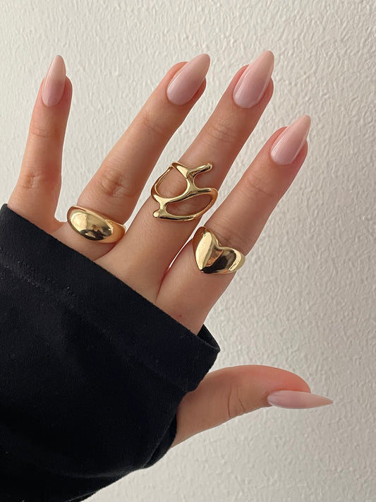3x Rings + Earrings, Gold liquid metal jewelry set, Irregular unique design Y2K stacking rings, geometric accessories, liquid metal jewelry earrings