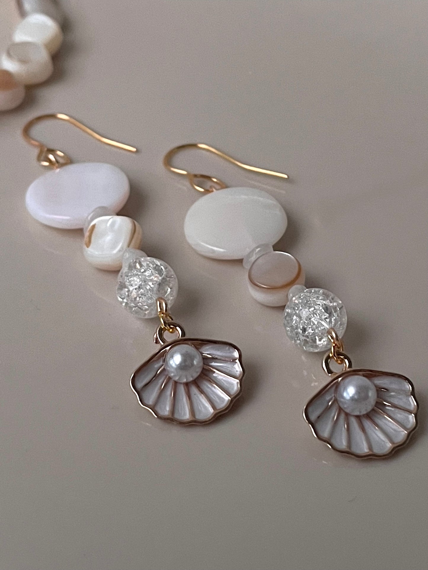 Elegant Pearl Dangle Drop earrings, Pearl in Shell jewelry, crystal stone, statement piece