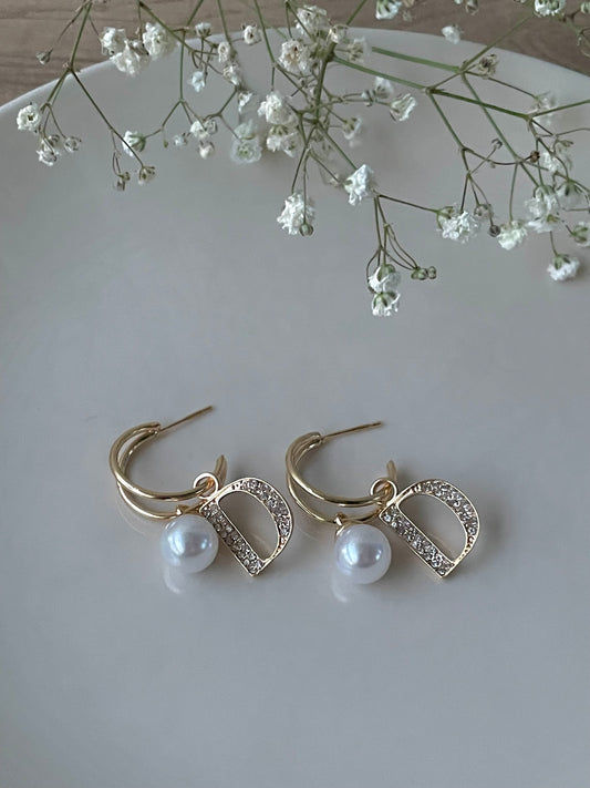 Gold pearl hoops, Designer D earrings, Letter D studs with pearls, 18K Gold plated Hoops