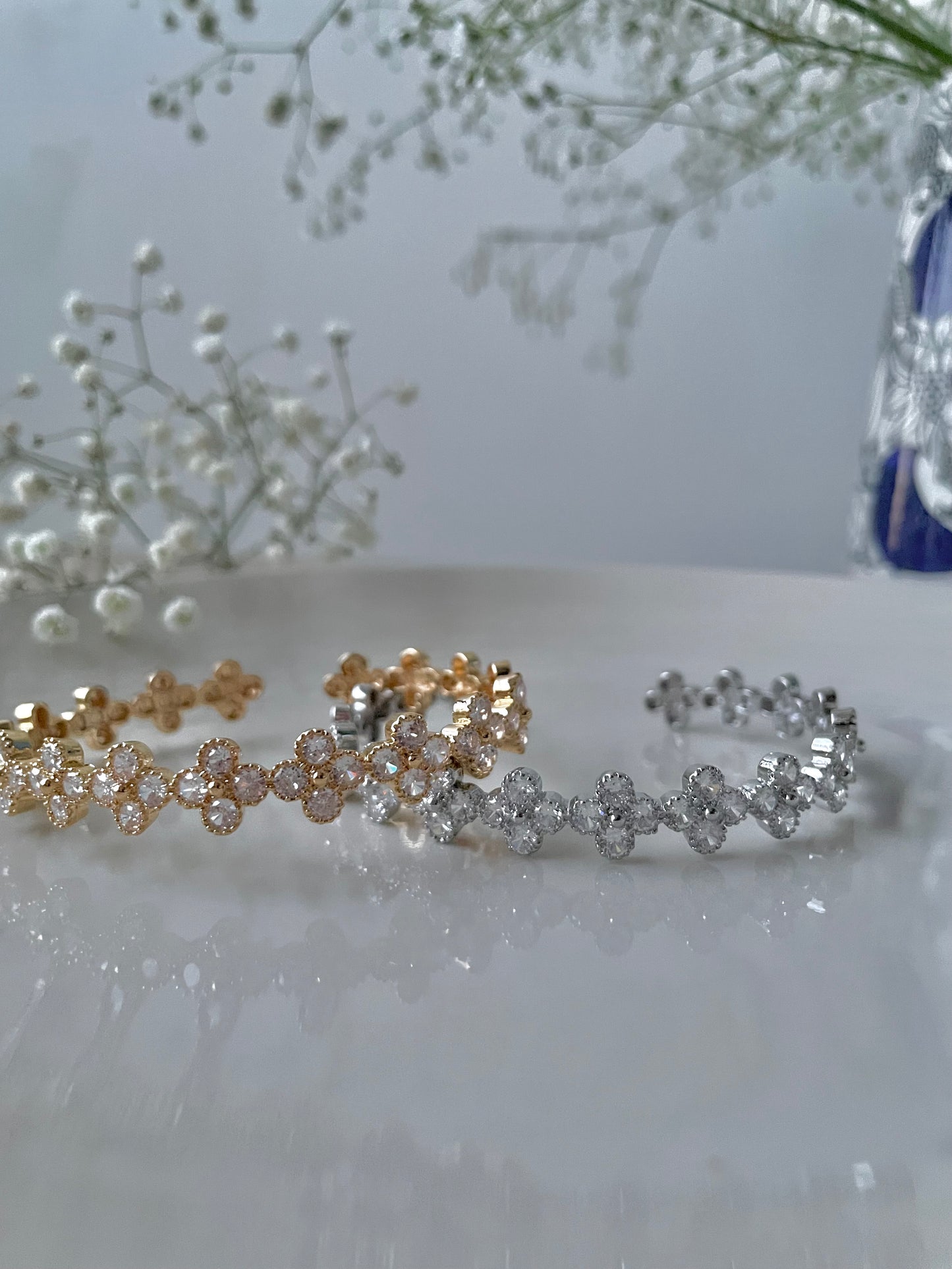 PREORDER | 5.5. Silver Rhinestone four clover bracelet jewelry, 925 silver plated diamond, stainless steel, adjustable