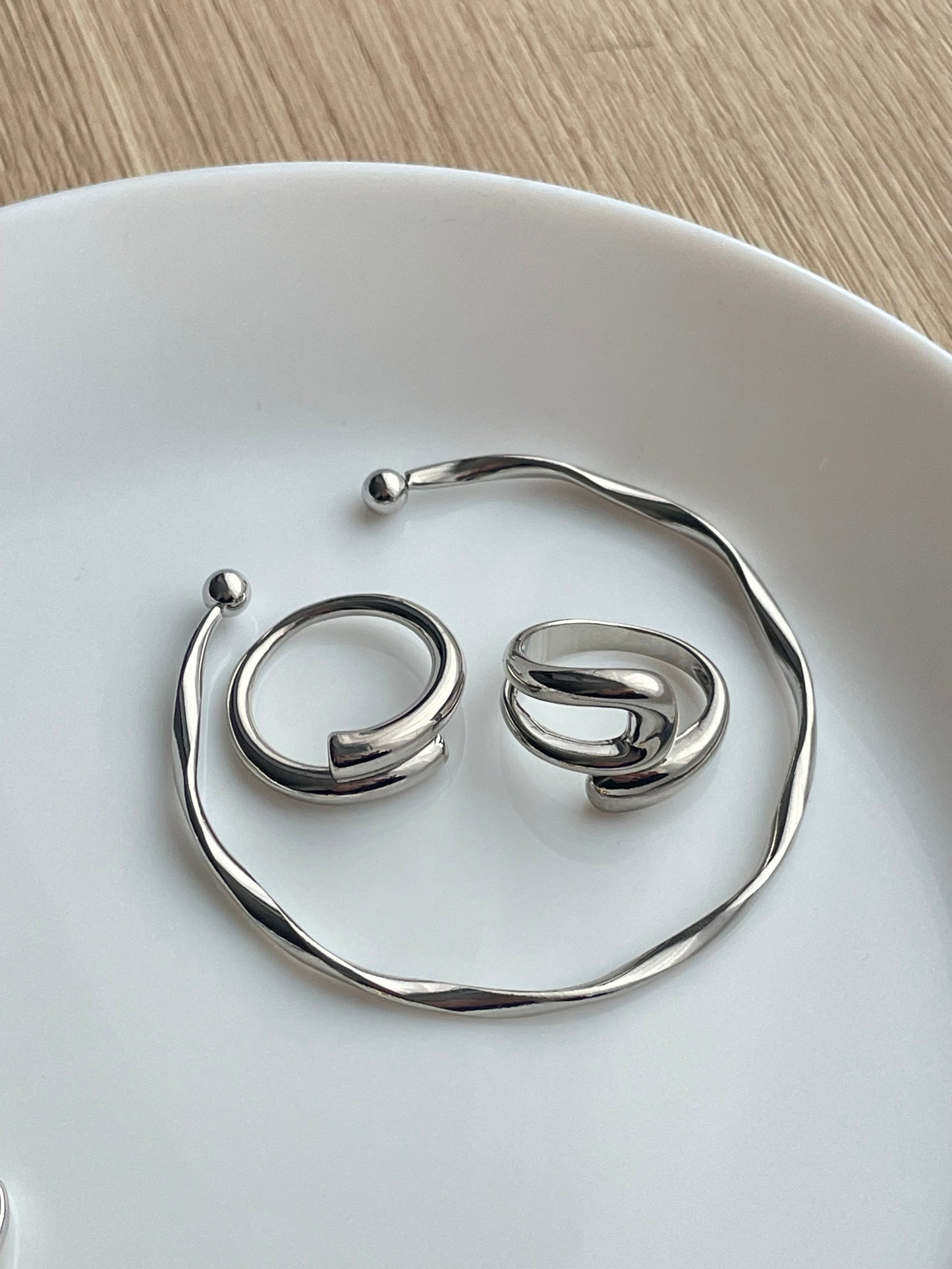 Adjustable Silver jewelry set, Irregular unique design Y2K stacking rings, geometric accessories, liquid metal jewelry bracelet