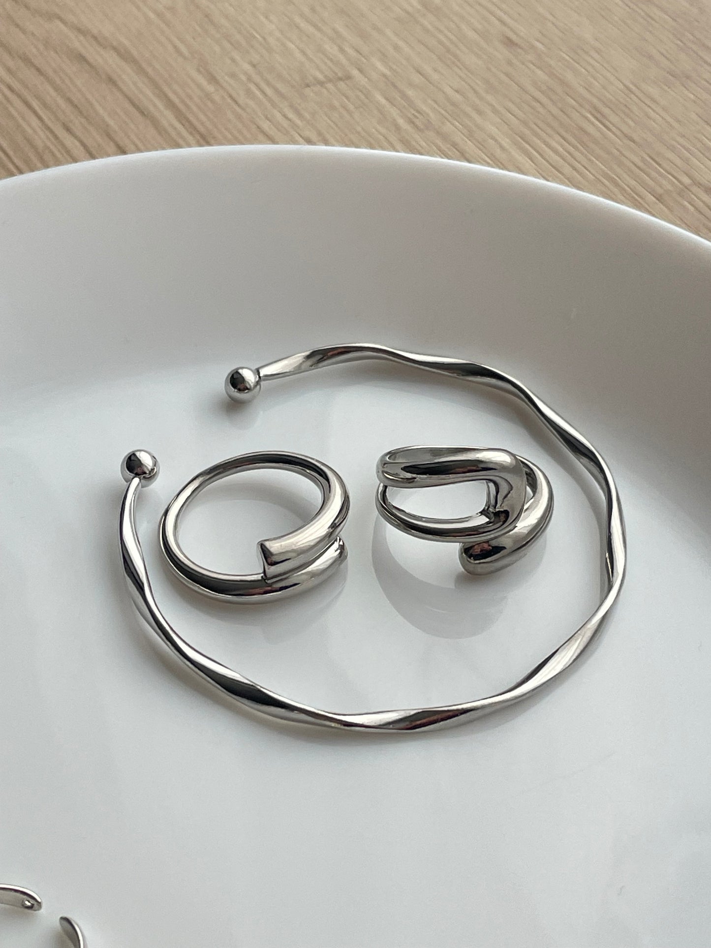 Adjustable Silver jewelry set, Irregular unique design Y2K stacking rings, geometric accessories, liquid metal jewelry bracelet