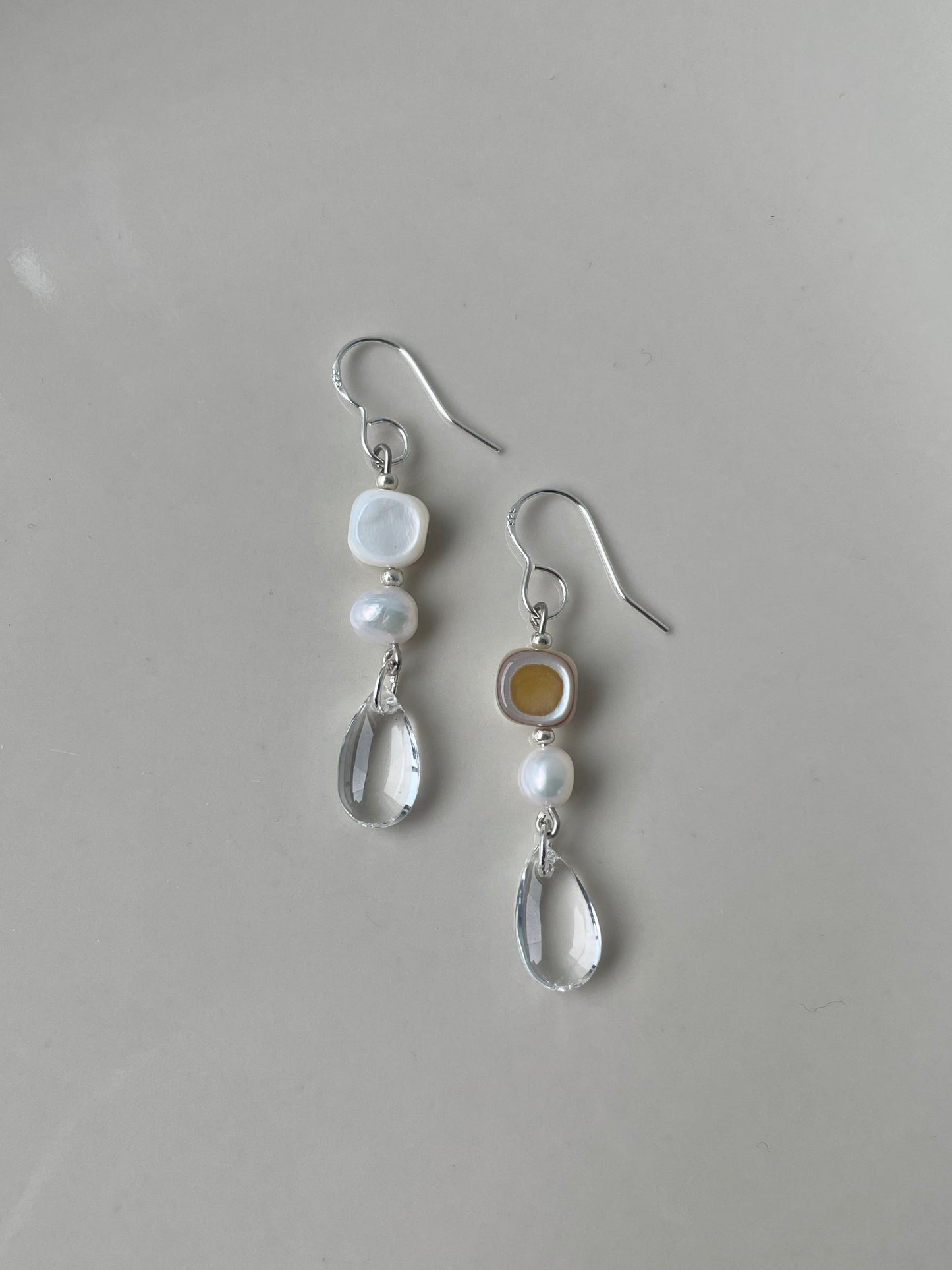 Fresh water pearl & Glass Teardrop earrings, Glass Dangle earrings Transparent Jewelry, Gift for her, handmade in Finland