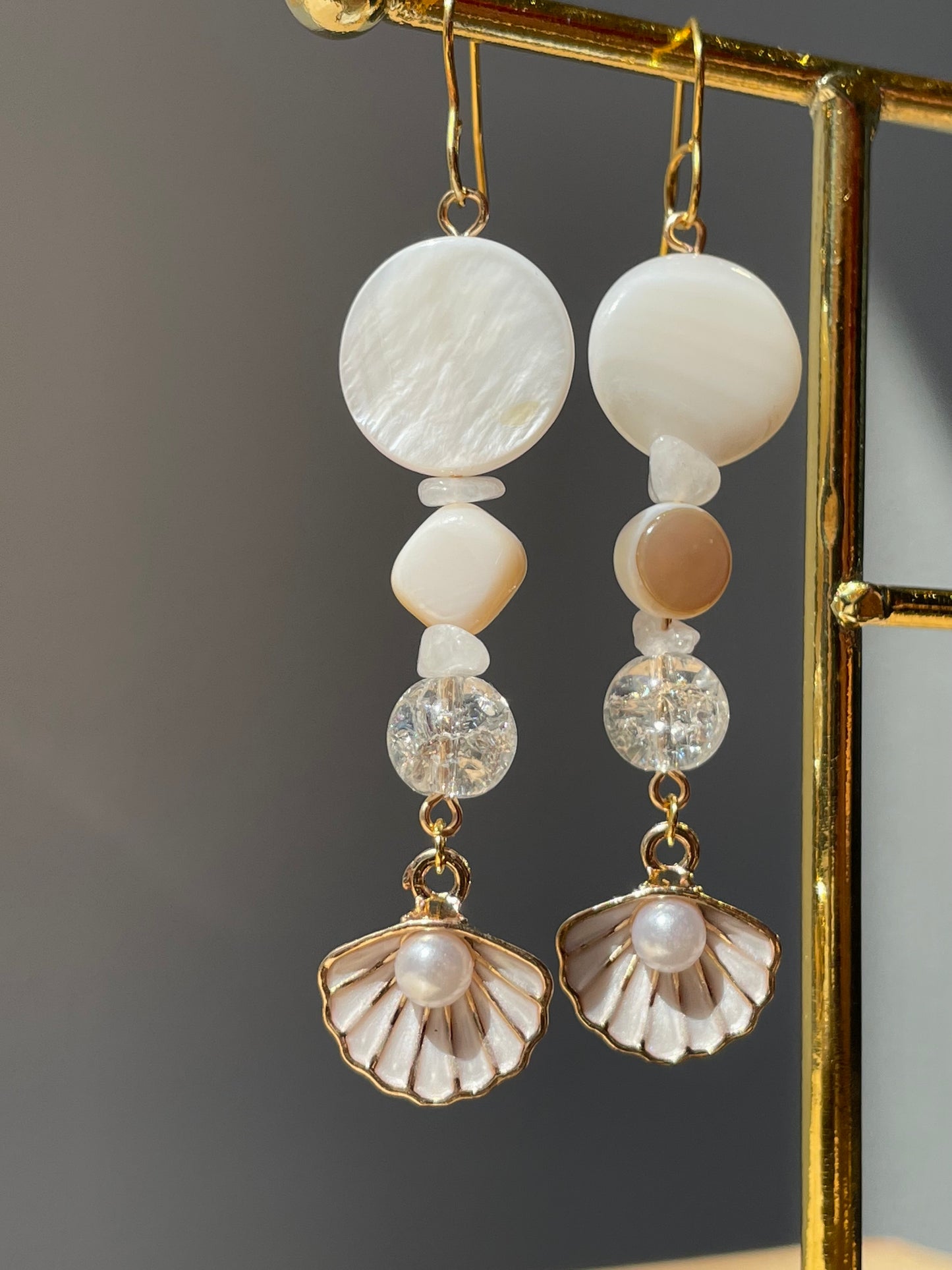 Elegant Pearl Dangle Drop earrings, Pearl in Shell jewelry, crystal stone, statement piece