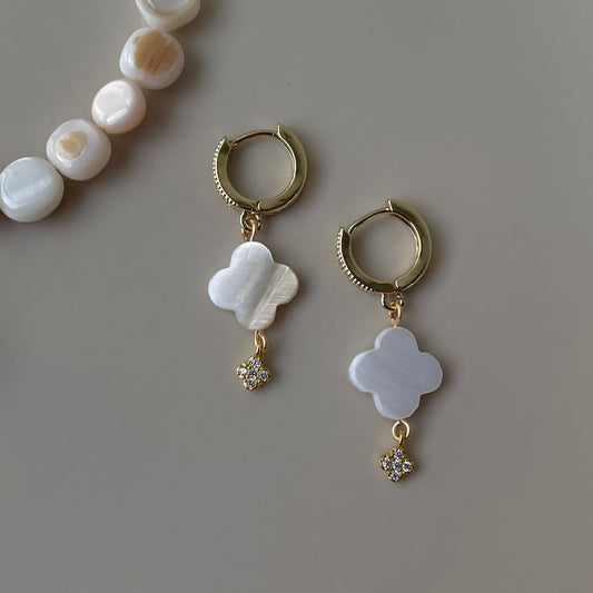 Pearl Clover Dangle Drop hoop huggies, Natural Mother-of-pearl stone, handmade in Finland