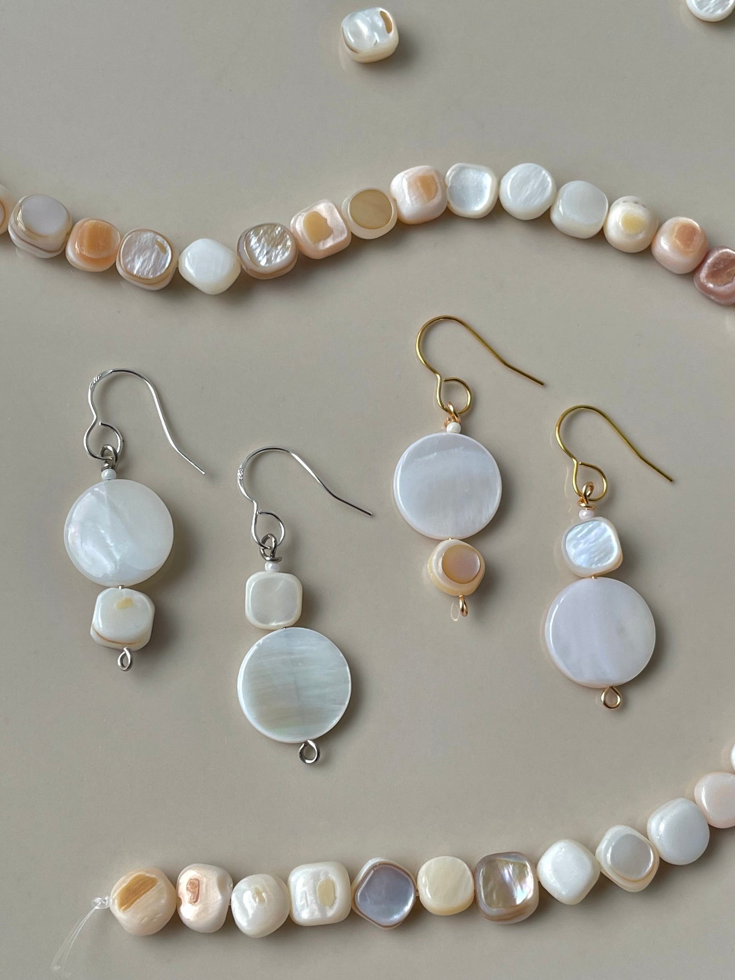 Mismatched Shell Beads Pearl Drop earrings, elegant jewelry, mother-of-pearl beads