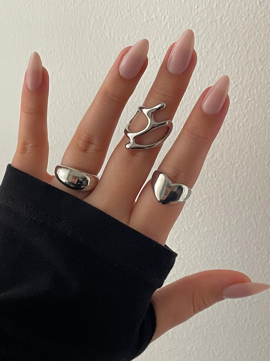 3x rings + 1x earring pair, Silver liquid metal jewelry set, Irregular unique design Y2K stacking rings, geometric accessories, liquid metal jewelry earrings