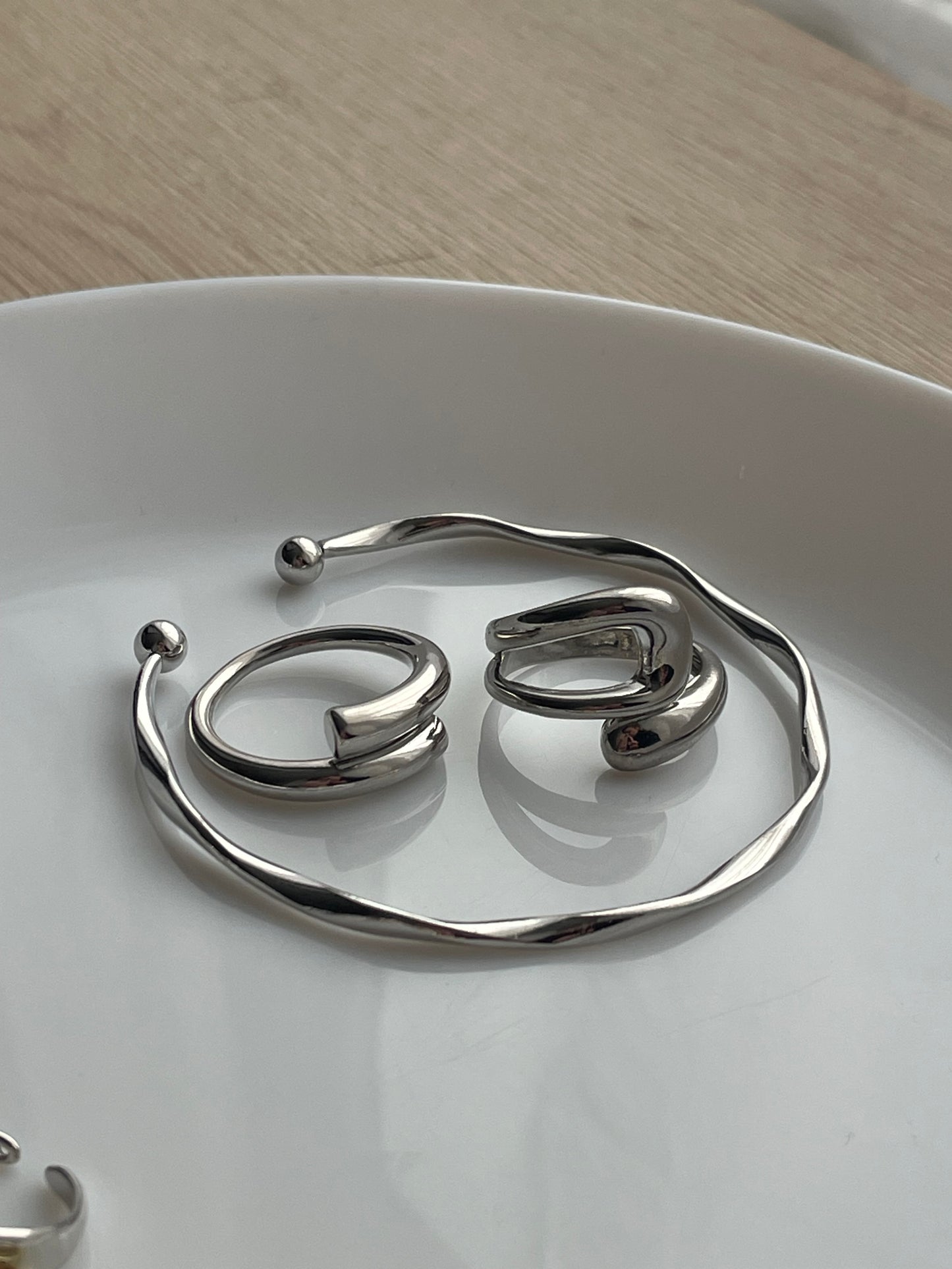 Adjustable Silver jewelry set, Irregular unique design Y2K stacking rings, geometric accessories, liquid metal jewelry bracelet