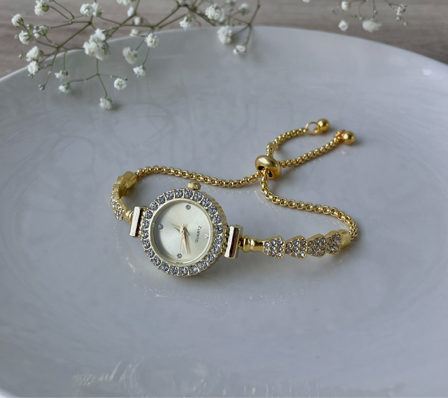 PREORDER| 30.4. Gold Rhinestone bracelet watch, Cocktail Watch, adjustable luxury bolo bracelet, Quartz watch, stainless steel