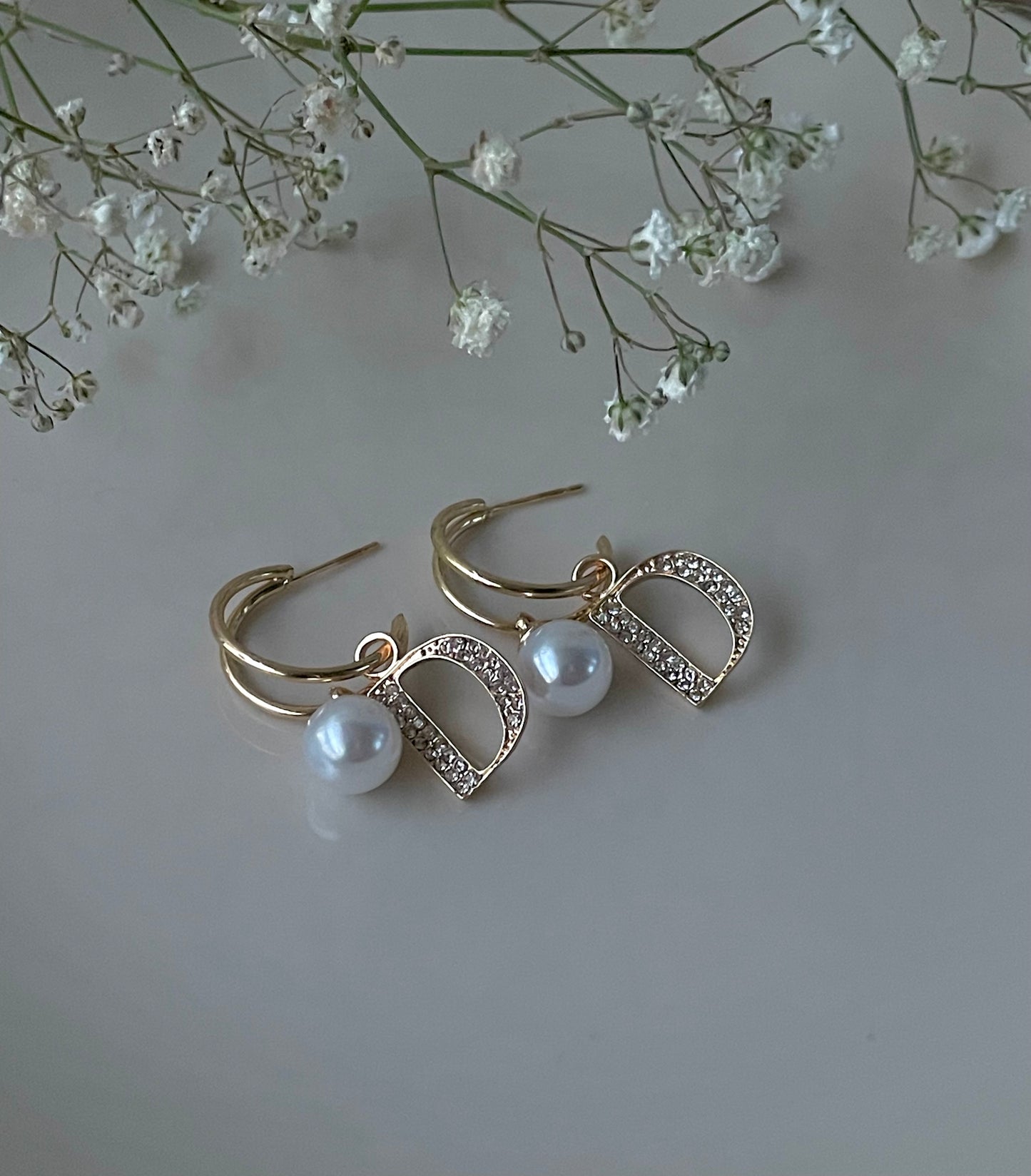 Gold pearl hoops, Designer D earrings, Letter D studs with pearls, 18K Gold plated Hoops