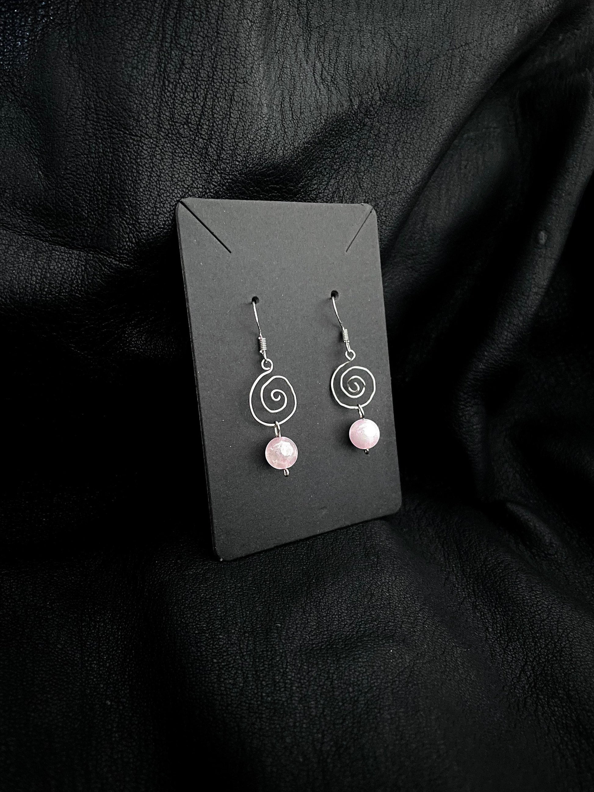 Swirl Wire Earrings, wire wrapped earrings, 925 silver earrings, gemstone earrings, rose quartz stone, stone earrings, rose quartz earrings 