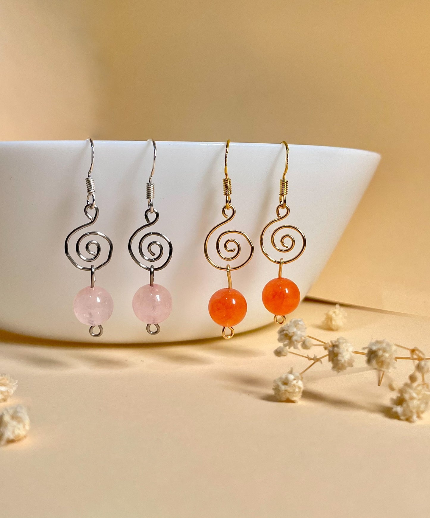 Swirl Wire Earrings, wire wrapped earrings, 925 silver earrings, gemstone earrings, rose quartz stone, stone earrings, rose quartz earrings 