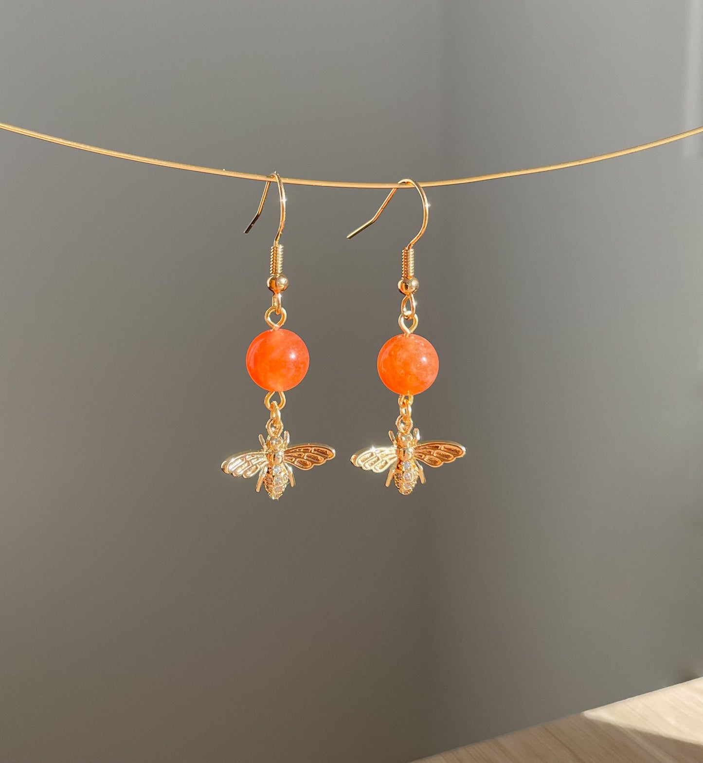 Gold Honey Bee Drop earrings, Crystal Dangle Earrings, Bee jewelry