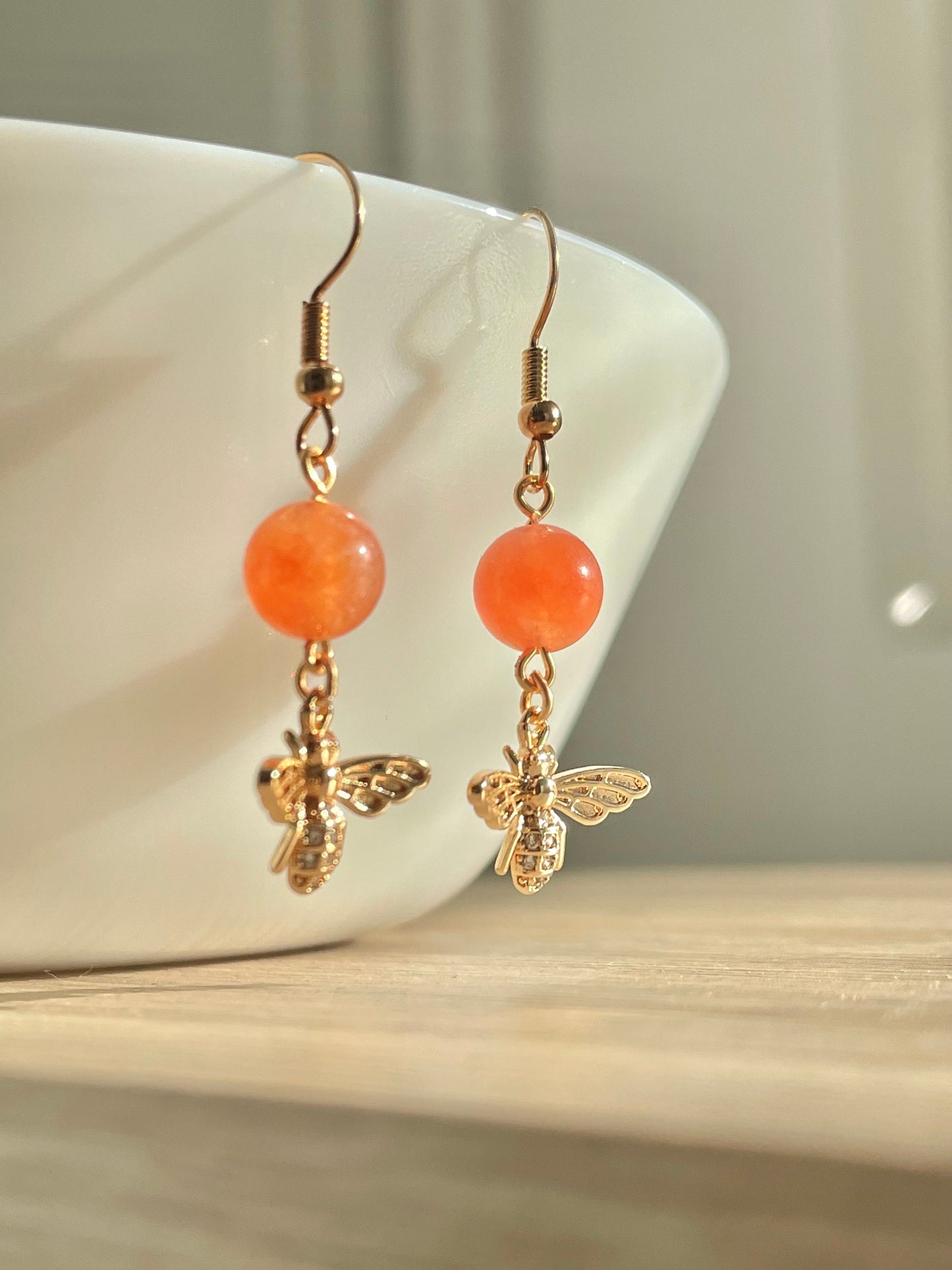 Gold Honey Bee Drop earrings, Crystal Dangle Earrings, Bee jewelry