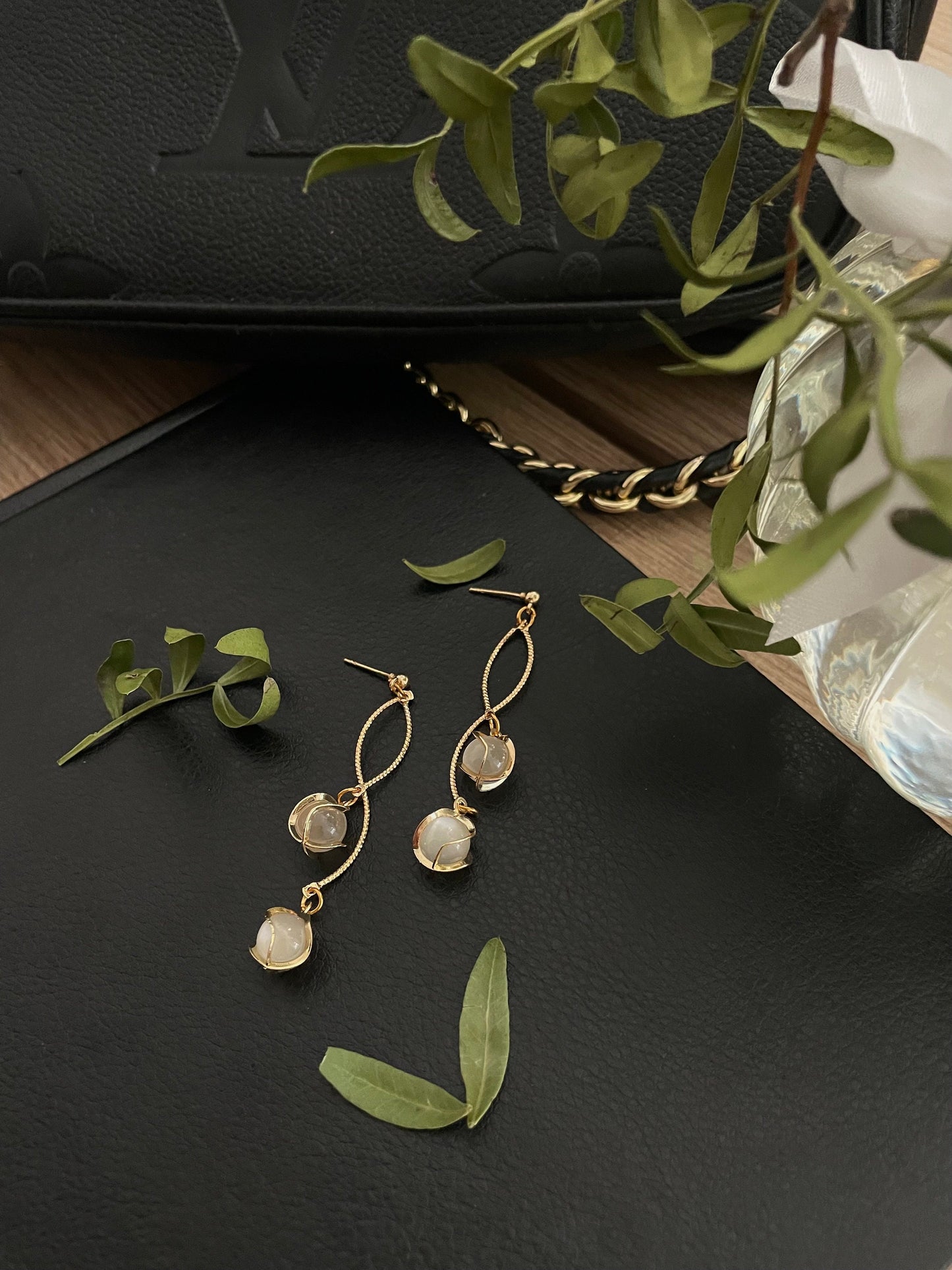 Long Gold Tassel Opal earrings, Golden dangle drop swirl earrings 