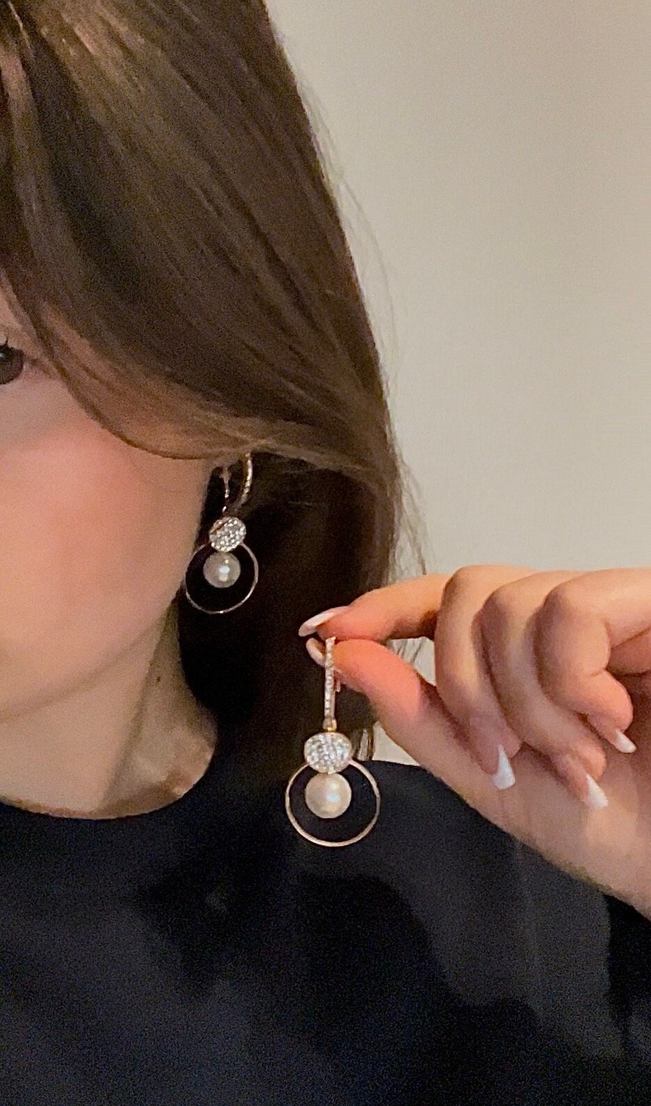 Gold Pearl Diamond hoops. Pearl dangle circle earrings, elegant Pearl leverback earrings